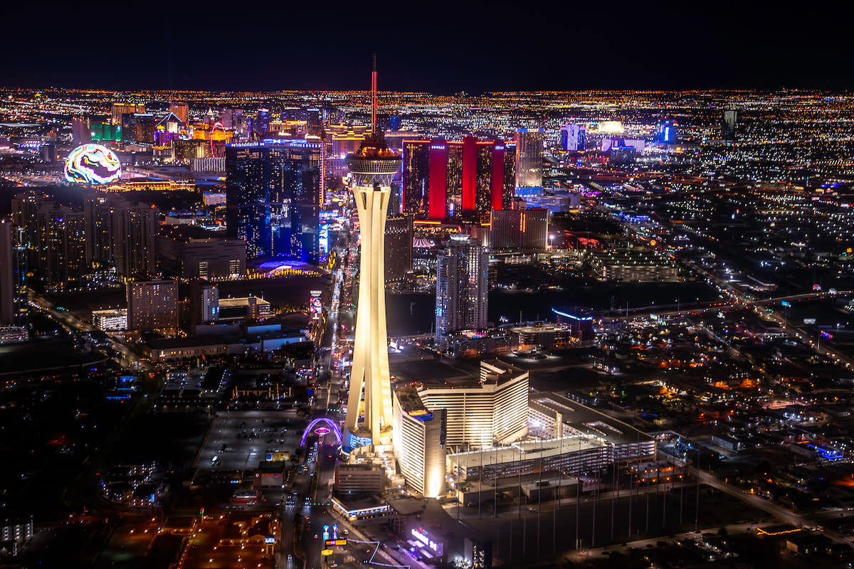 The STRAT Hotel, Casino & Tower — Las Vegas aerial view at night